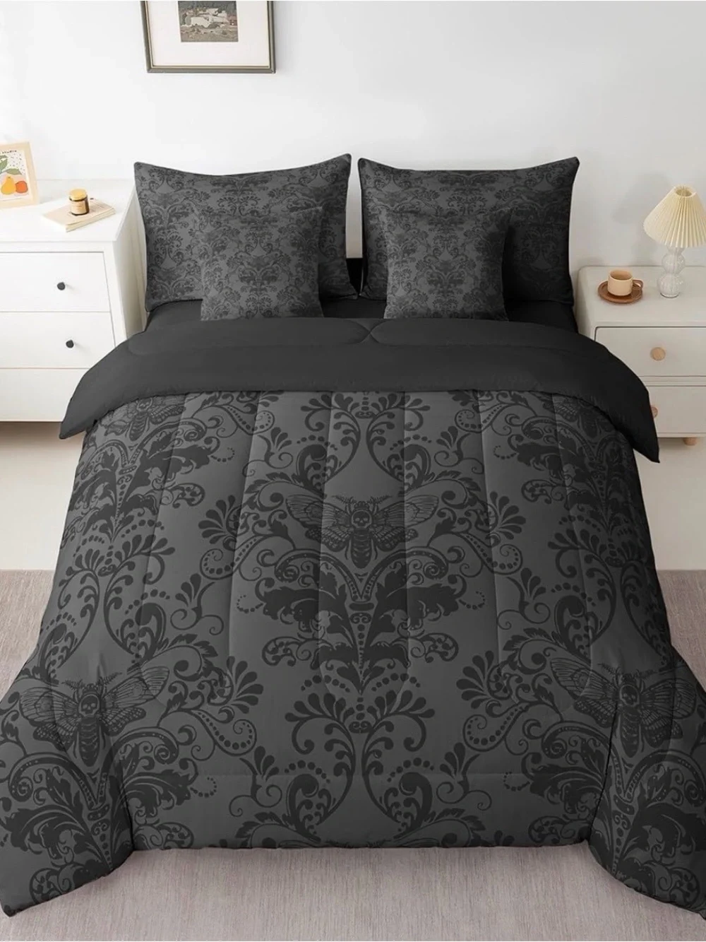 Charcoal Floral Damask Reversible Twin Comforter Set - Home Bedding